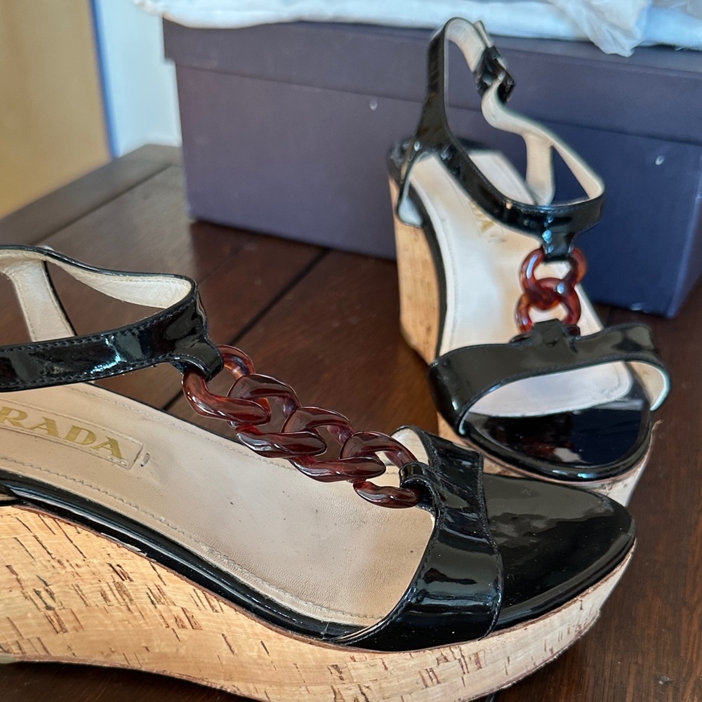 Prada Black Patent Leather Wedges with Cork Platform
